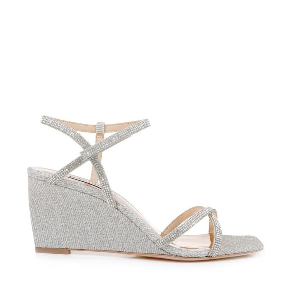 BADGLEY MISCHKA REAGAIN EMBELLISHED WEDGE SILVER WOMEN HEELS SIZE 11M BRAND NEW